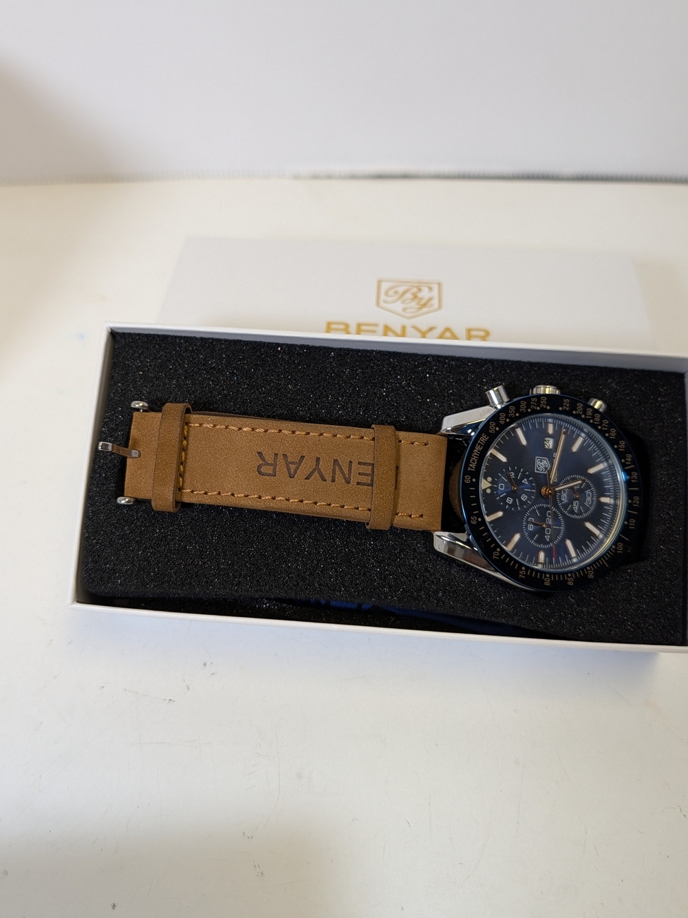 Men's Brown Leather Chronograph Watch - Blue Dial